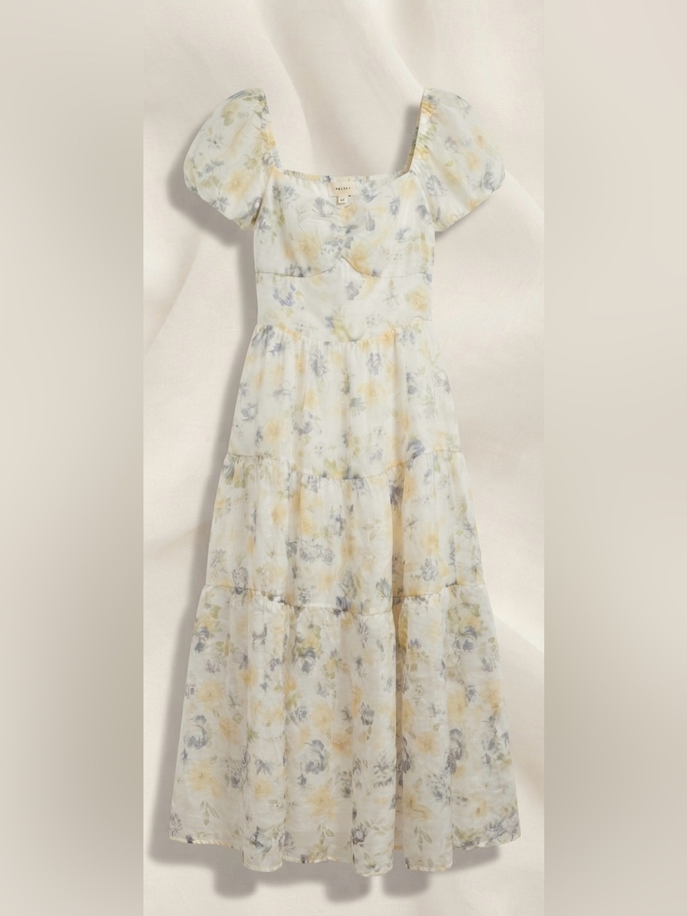 MELLODAY NWOT White Floral Tiered Maxi Dress with Yellow & Blue Accents